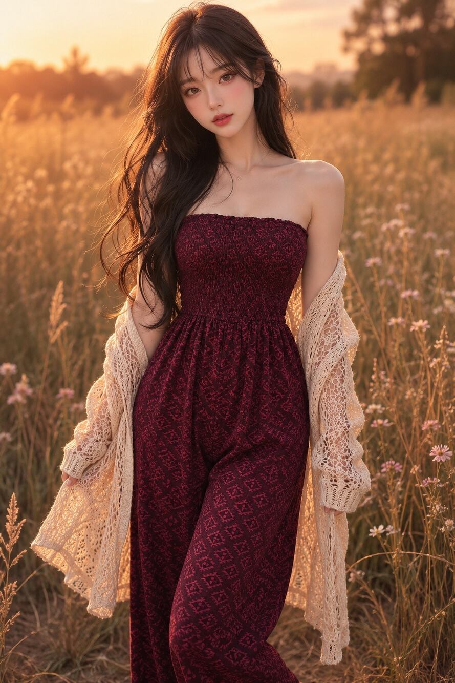 Hollister Golden Dusk Burgundy Strapless Boho Romper Flowy Wide Leg Meadowlight